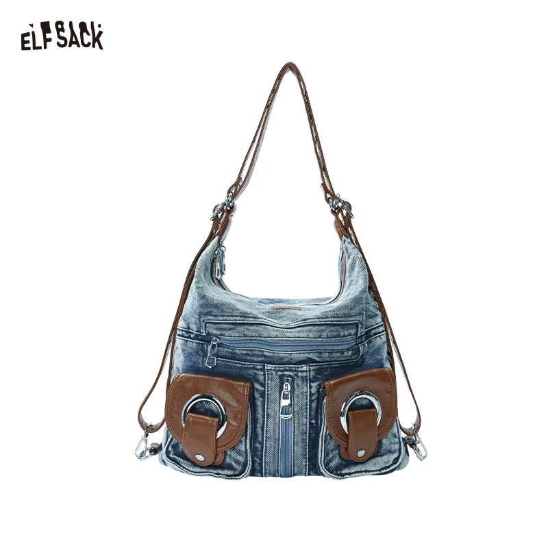 ELFSACK 2025 Summer New Arrival Vintage Washed Denim Tote Bag Fashion Large Capacity Shoulder Bag for woman