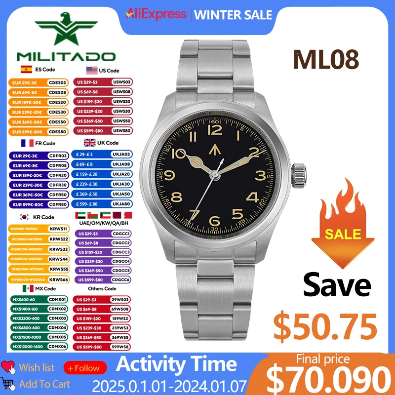 Militado ML08 V2 Vintage Quartz Watch Military VH31 Movement  Double Sapphire Crystal C3 BGW-9 Luminous Waterproof 38mm Watch