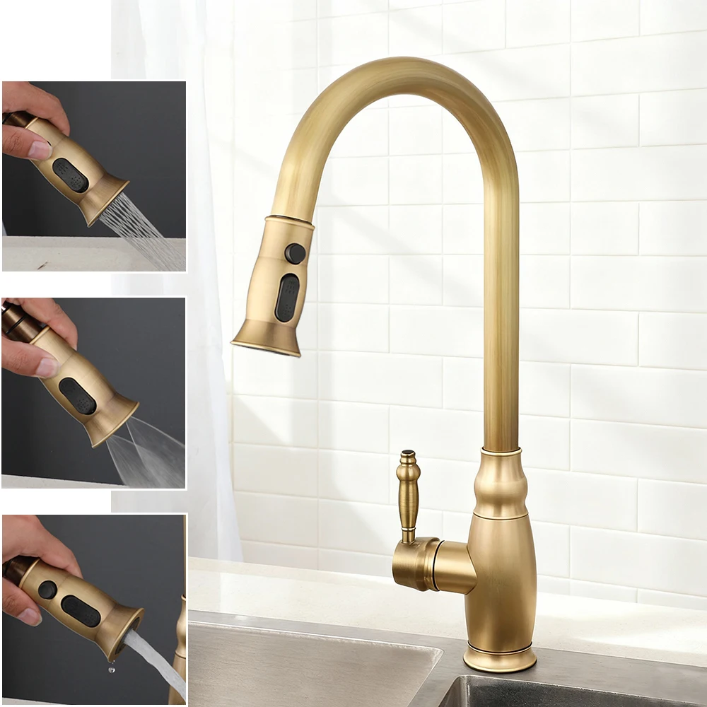 ZAPPO Antique Brass Kitchen Faucet Pull-Out 2-Function Spray Mode Cold & Hot Water Mixer Tap, Vintage Style Kitchen Sink Faucet