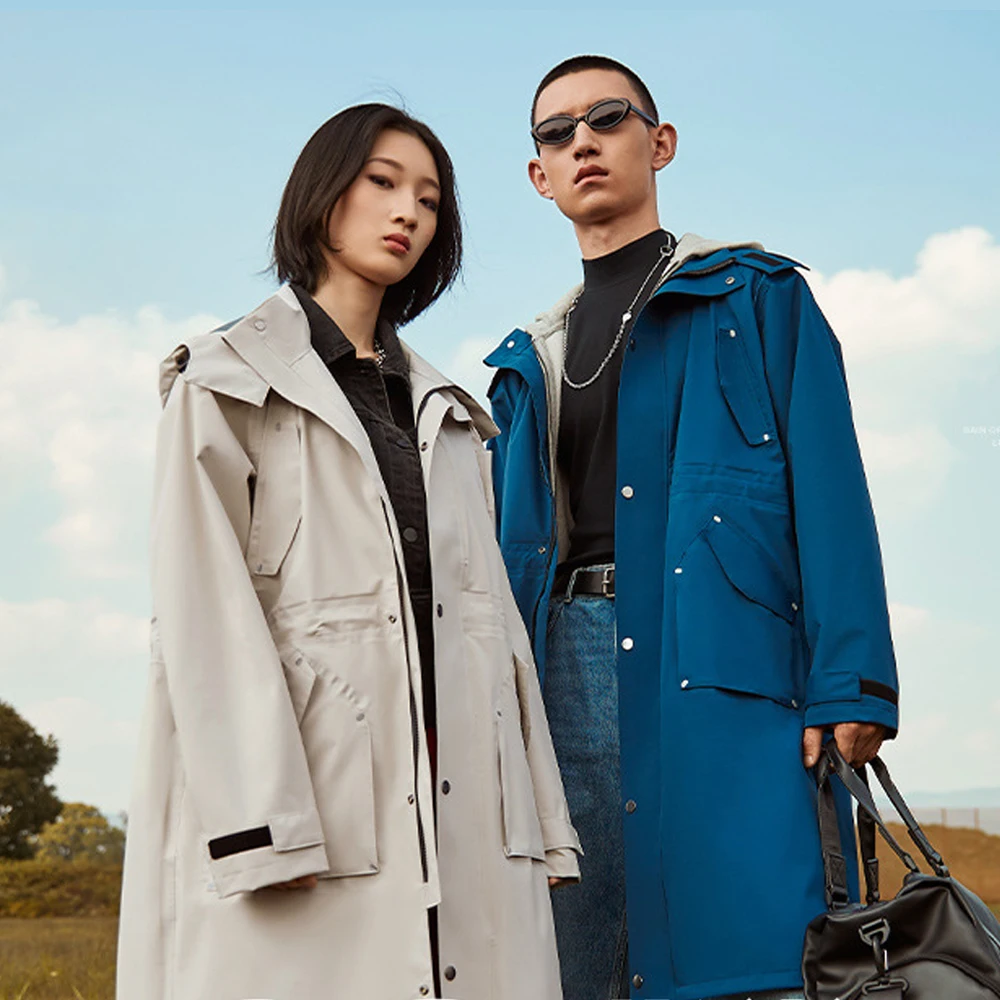Long Trench Coat Raincoat Women Men Waterproof Windbreaker Jacket Outdoor Fashion PU Hooded Rain Parka