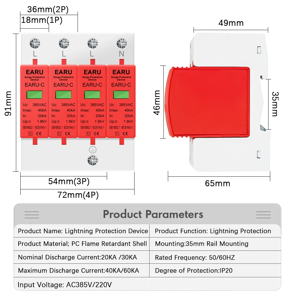 AC 385V SPD 1P 2P 3P 4P 20KA 30KA 40KA 60KA House Lightning Surge Protector Protective Solar PV Low-Voltage Arrester Device