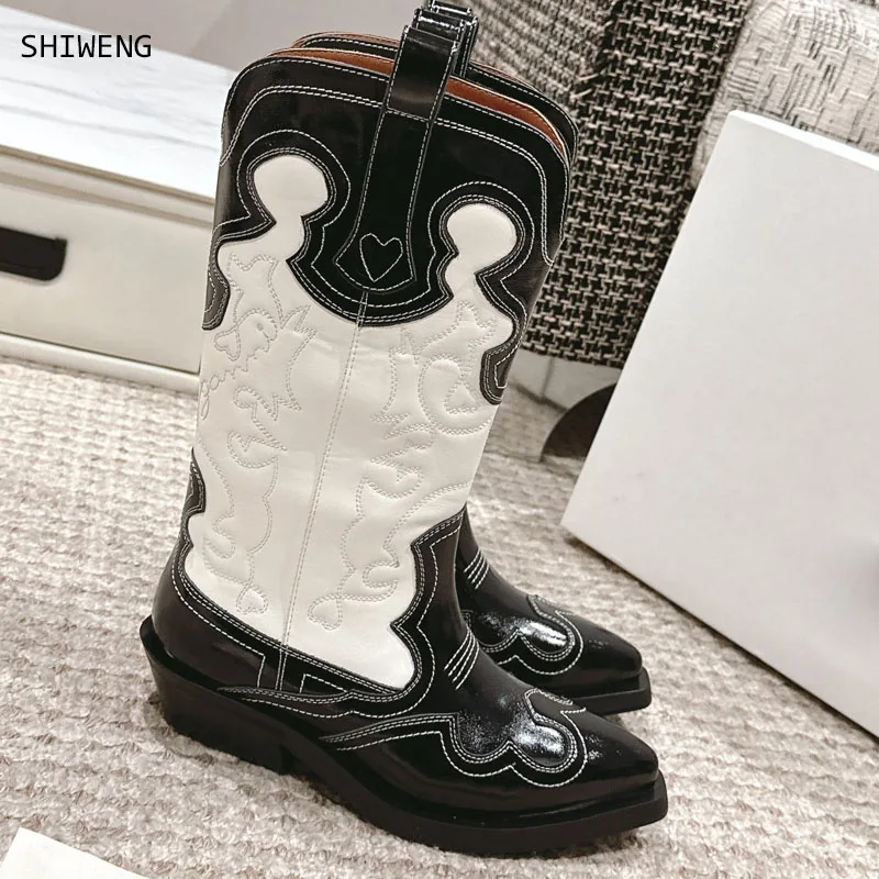 

2024 Embroidered Cowboy Boots for Women Knee High Midium Chunky Heel Pointed Toe Retro Classic Western Cowgirl Boots