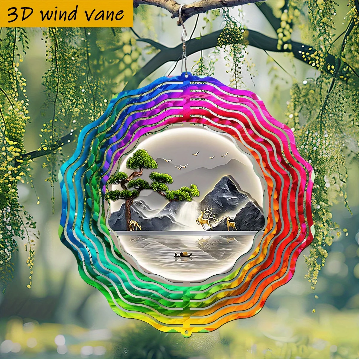 1pc Asian Landscape 3D Wind Gyro Spinner - Mountain, Pine Trees, Boat, Birds & Deer - Auto-Rotating Outdoor/Indoor Decoration
