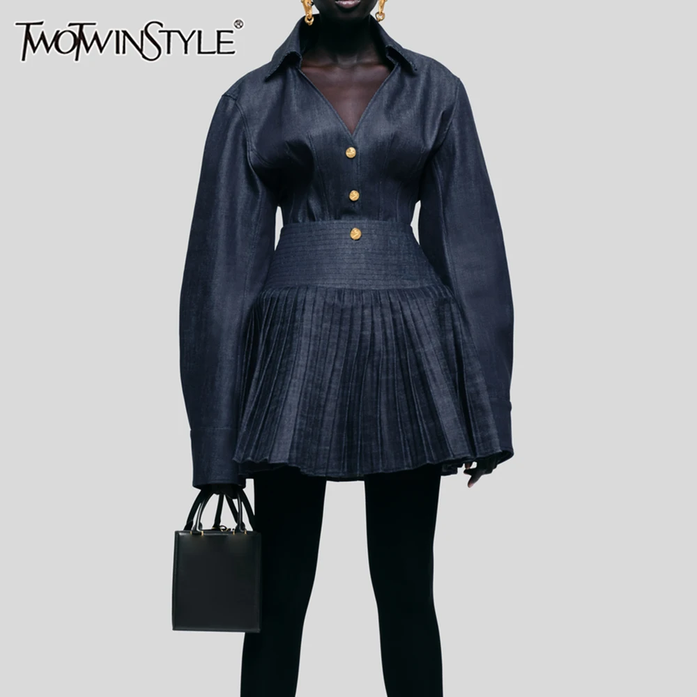 

TWOTWINSTYLE Elegant Two Piece Sets for Women V Neck Long Sleeve Spliced Single Breasted Top High Waist Pleated Skirt Set Female