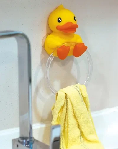 2pcs Duck Design Towel Holder Bathroom Hooks Sticky Hanger Stick on Wall Lovely Storage Hooks