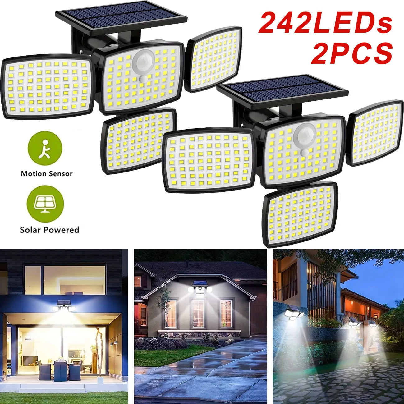

242LEDs Solar Flood Lights, Solar Powered Motion Sensor Outdoor Lighting, 3 Modes, IP65 Waterproof, 270° Wide Angle for Backyard
