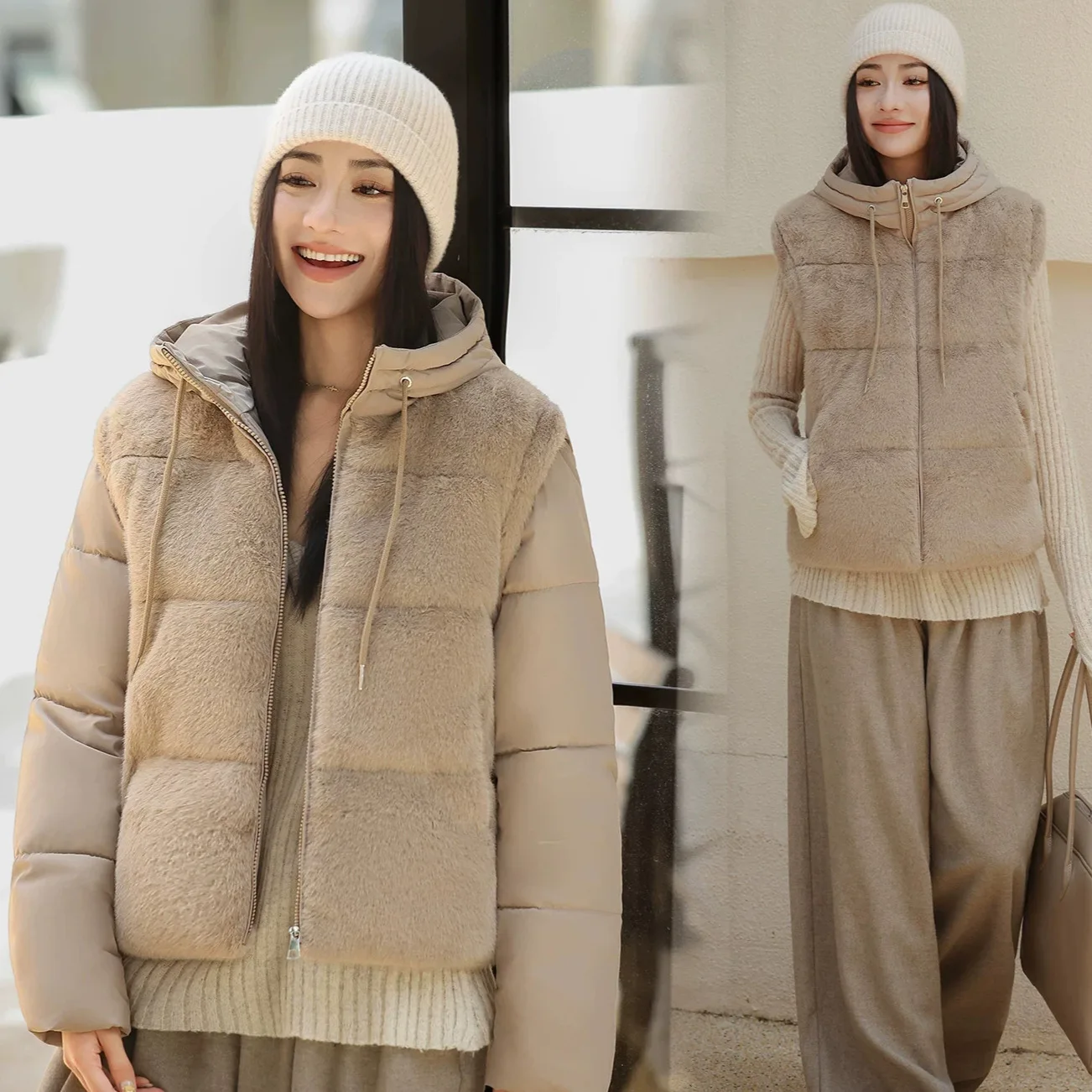 Women Jacket Winter Down Cotton Jacket Warm Hooded ParkasOutwear Removable Sleeve Splicing Cotton Padded Jacket Female Outerwear