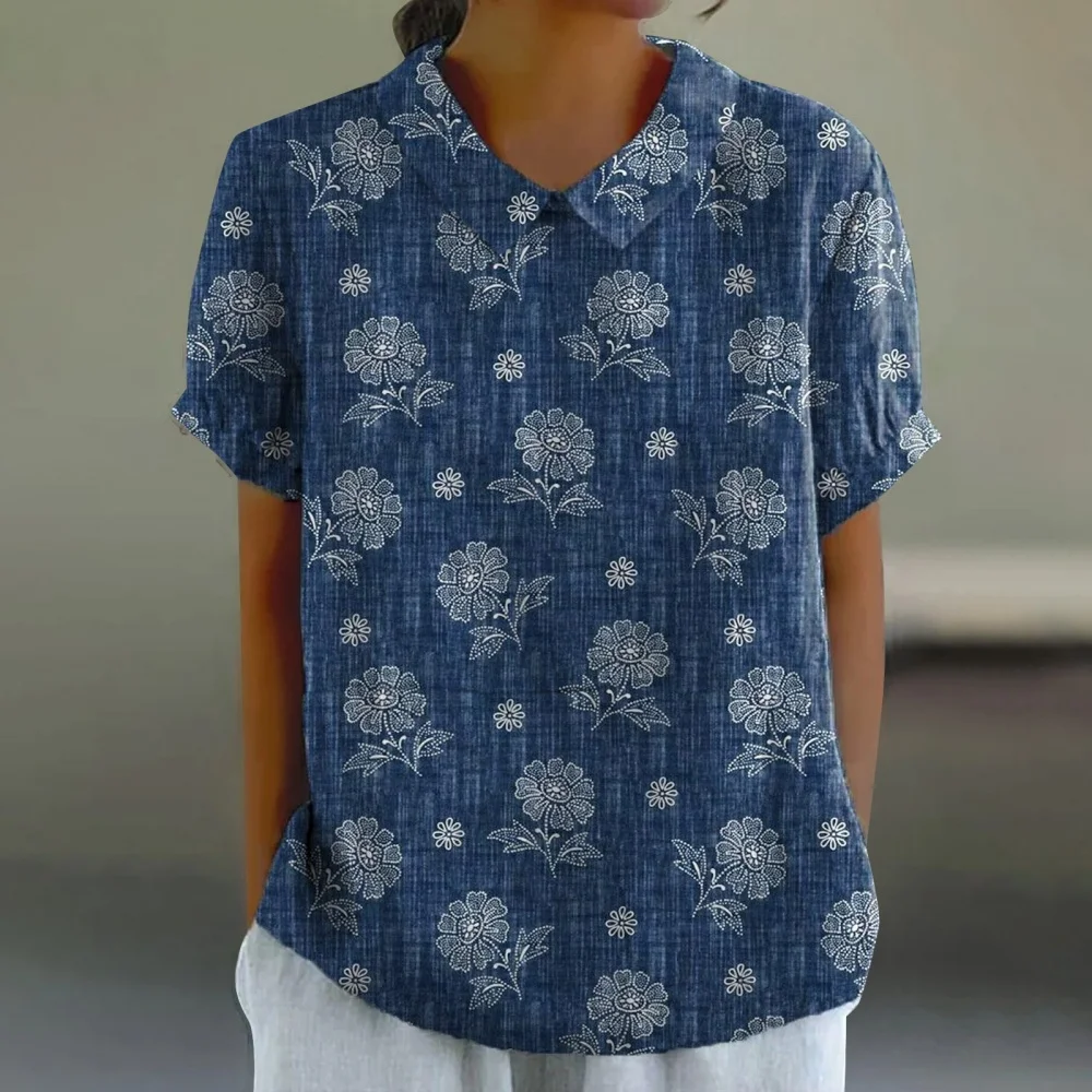 

New Summer Women's Fashion Retro Style 3d Printed T-shirt Puff Sleeve Peter Pan Collar Shirts Blouses for Women Traf Tops