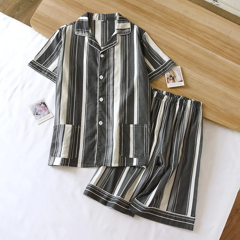 Sweet Striped Couples shorts pajamas sets women and men sleepwear summer short-sleeve 100% cotton pyjama homewear