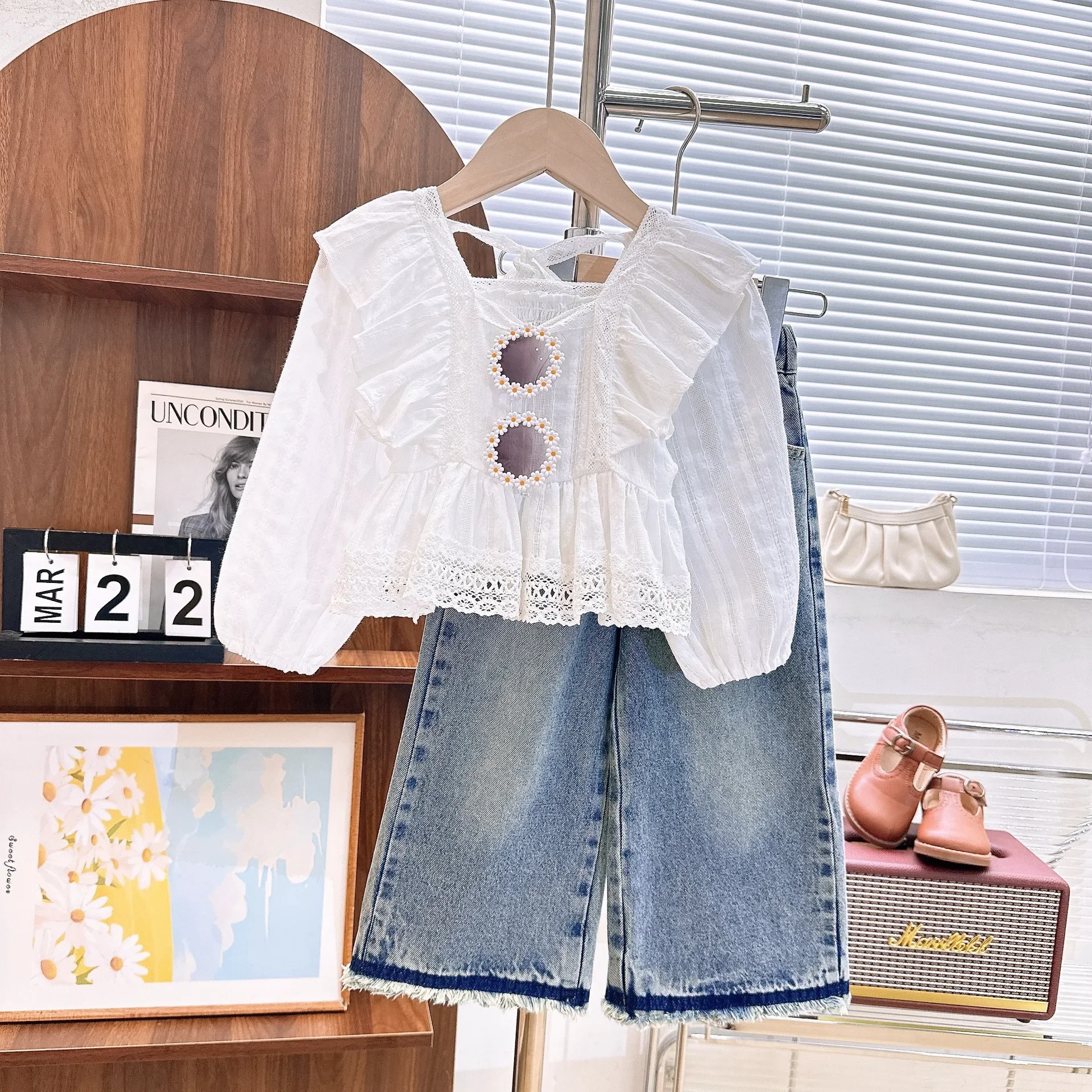 

2025 Spring and Autumn Cotton Shirt Denim Pants Two Sets Children Long-sleeved Suit Korean Simple Style Girls Suits Doll Shirt