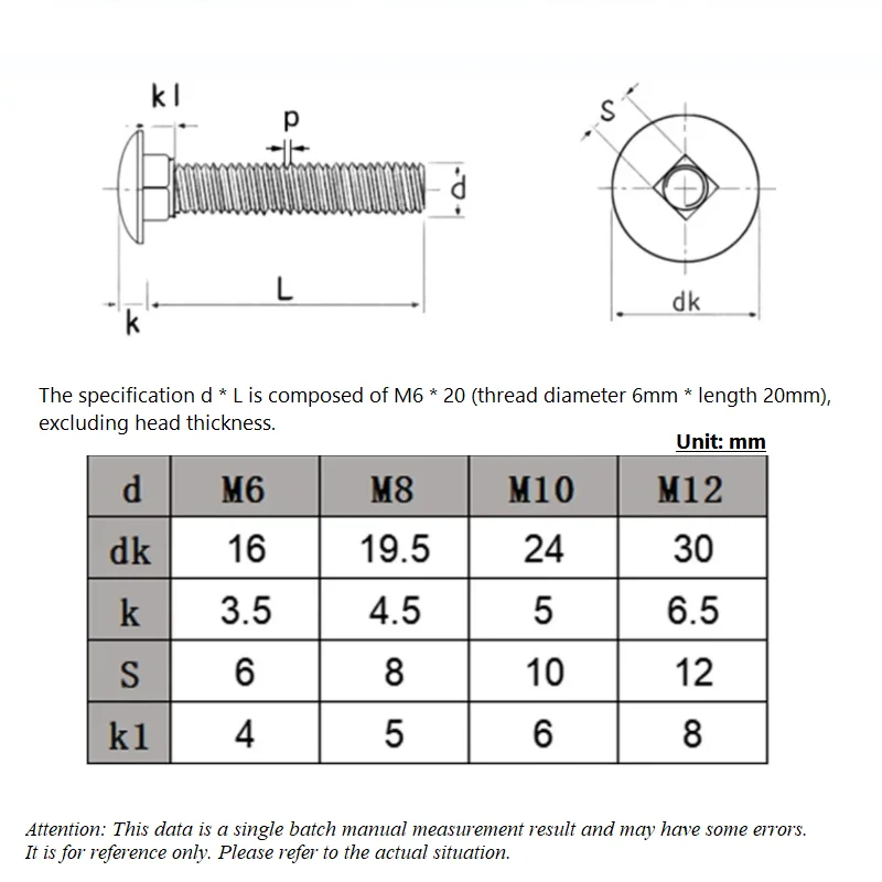 M6 M8 M10 M12 12- 100mm Length Carriage Bolt 304 Stainless Steel Round Head Square Neck Screw DIN603