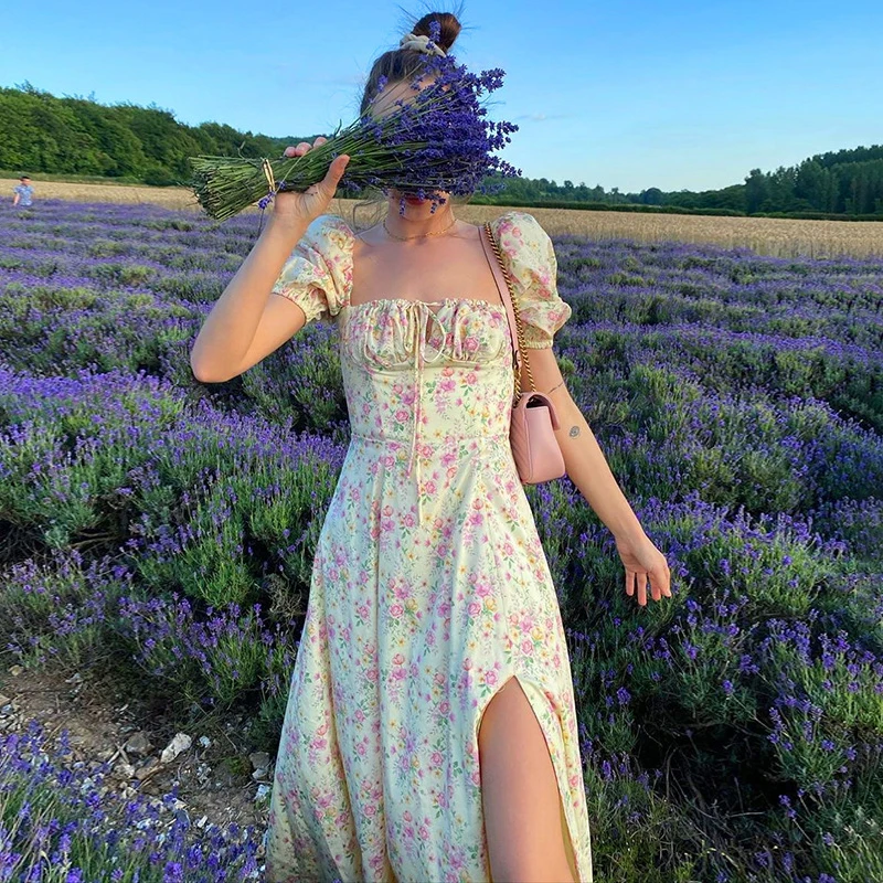 Mode Blumen gedruckt Sommerkleid 2021 Frauen Puff Kurzarm lässig Boho Front Schnürung Vintage Sommerkleid Party tragen