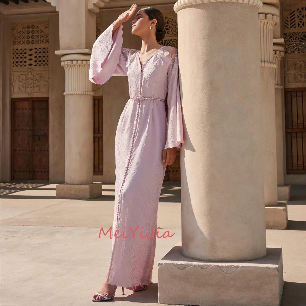 MeiYiJia Mermaid Long-Sleeves Ruffle Flower Sash V-Neck Ankle-Length Saudi Arabia Sexy Evening Birthday Club Outfits Summer 2024