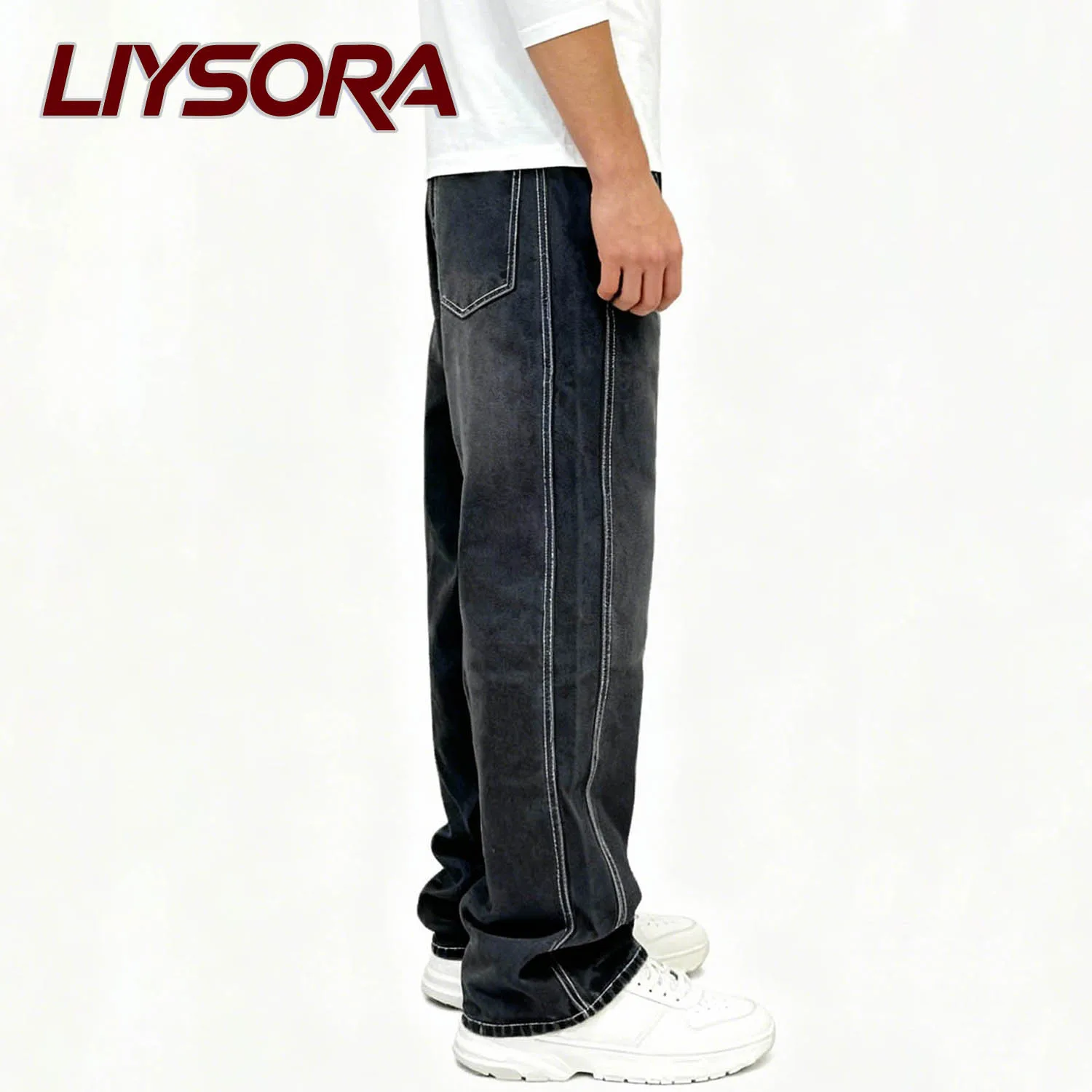 Four Seasons Men's Black Baggy Straight-Leg Jeans Street Winter Casual Loose Wide Leg Denim Pants Daily Versatile Unisex Pants