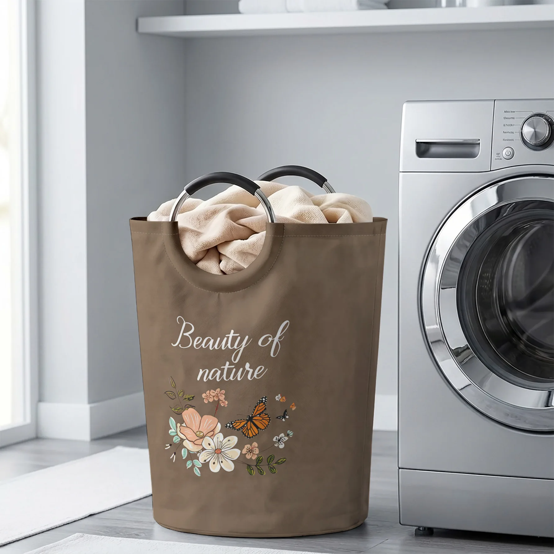 Nature Floral Butterfly Text Print Handled Storage Basket, Large Capacity, For Laundry, Bedroom & Sundries Storage