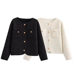 TRAF Autumn New Product Women's Small Fragrant Style Gold Wire Horizontal Stripe Pocket Round Neck Knitted Sweater Coat