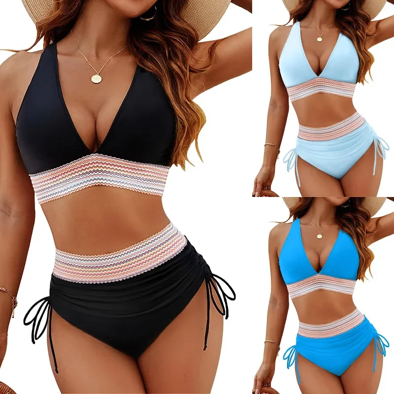 

2025 Women's Shoulder High Waist Split Comfortable Expansion Bikini Swimsuit Set with Chest Cushion Adjustable Shoulder Straps