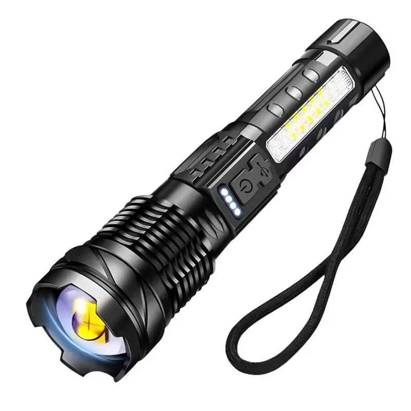 Rechargeable P50 Tactical Flashlight: White Laser, COB Side Light, Zoom Searchlight, Digital Display, Portable Outdoor Patrol