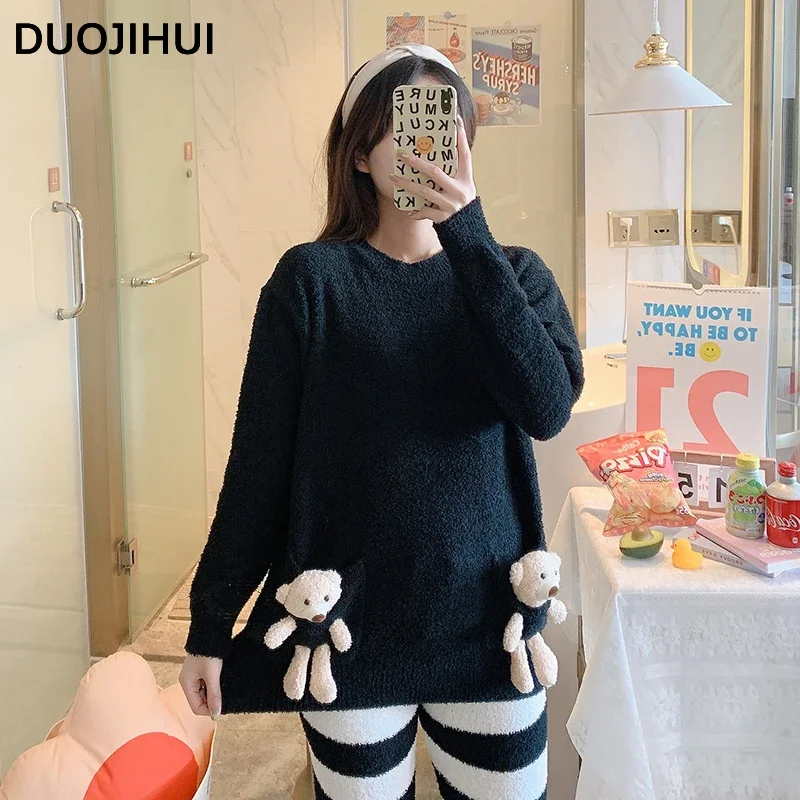 DUOJIHUI Classic Two Piece Sweet Casual Home Pajamas for Women Simple O-neck Pullover Basic Stripe Pant Loose Female Pajamas Set