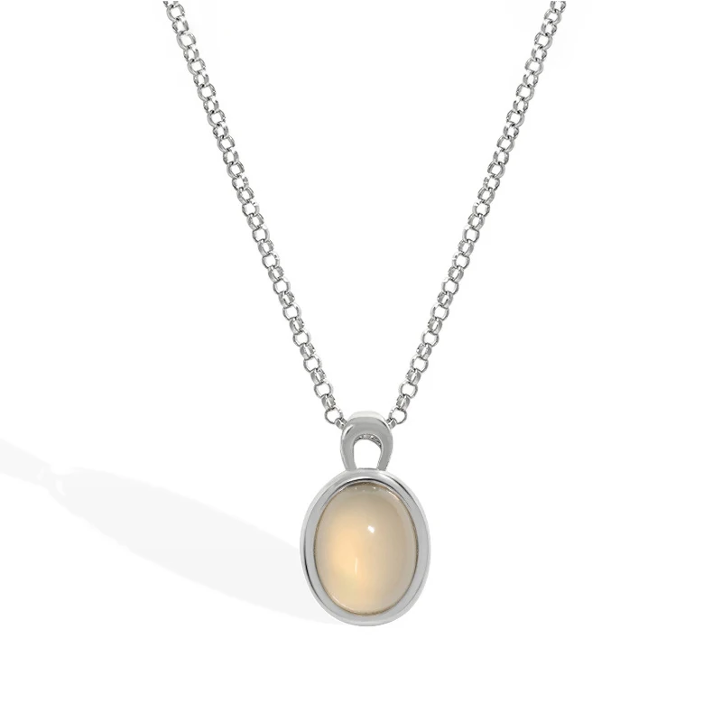 Handmade Sterling Silver 925 White Agate 10x16mm Gemstone Dainty Pendant Necklace Oval White Agate Pendant Necklace