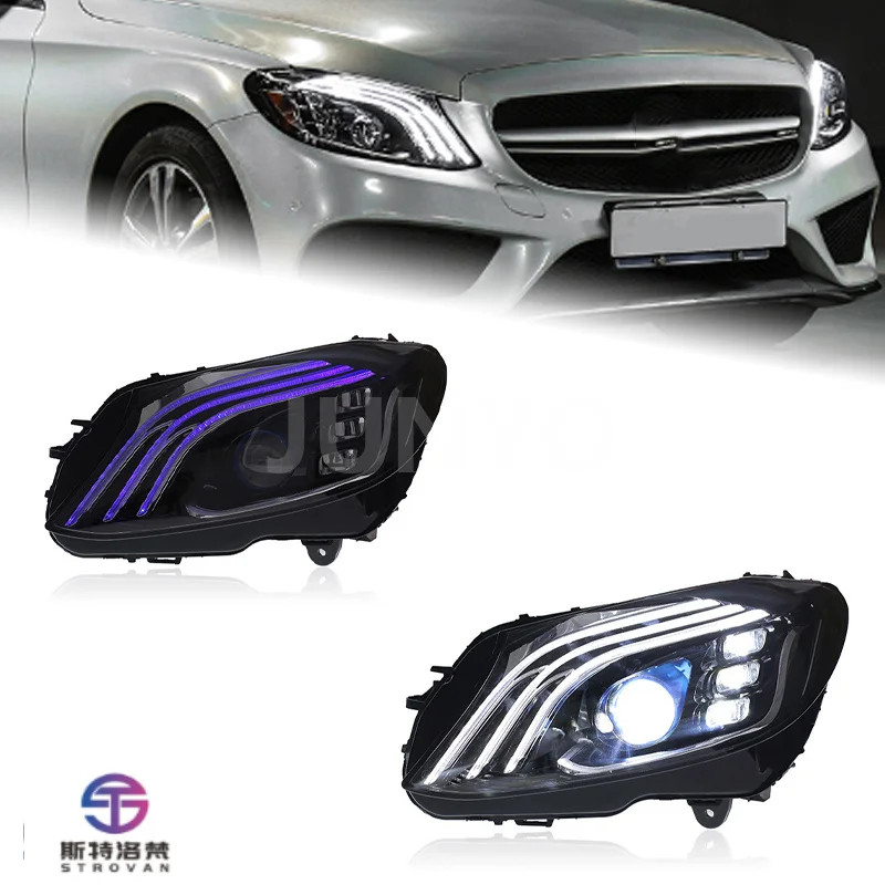 Car Led Headlights for C Class W205 2015-2021 Modified Three-Stripe Maybach-Style Led Daytime Running Lights Pair Left and Right