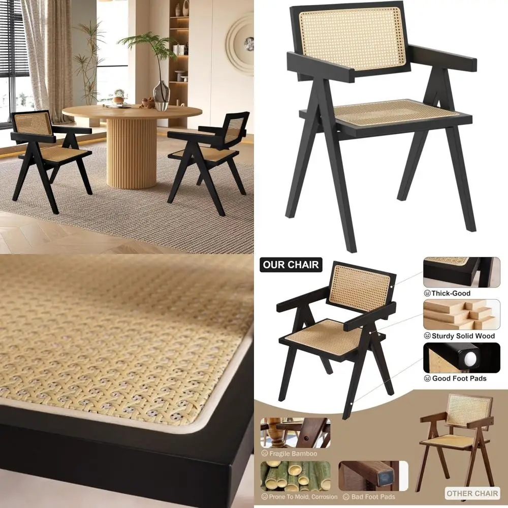 ブラックラタンダイニングチェア2脚セット、スタイリッシュな籐製キッチンチェア、ダイニングルーム用、モダンな家に最適