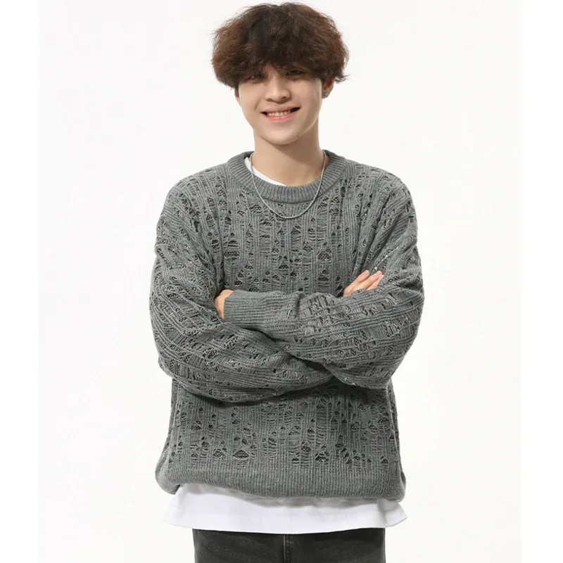 Korean Style Men's Pullover Knits Hollow Out Round Collar Loose Menswear Casual Knitting Casual Male Sweater Simple