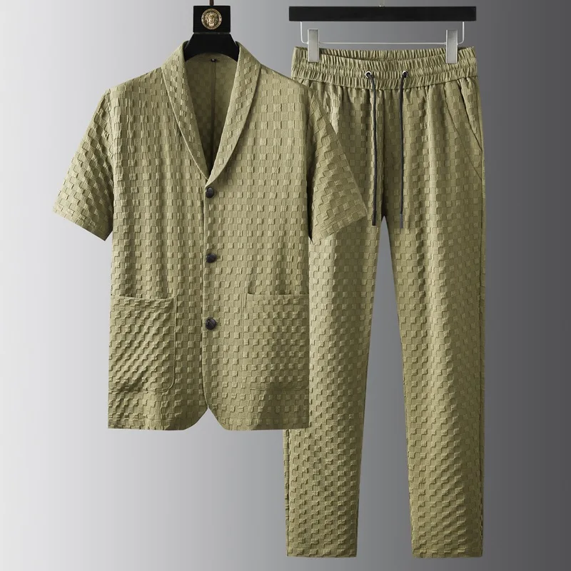 

2026 summer short sleeved suit casual suit men's fashion checkered jacquard elastic breathable men's clothing