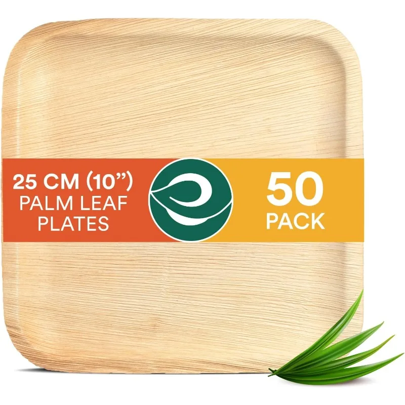 Compostable 10 Inch Palm Leaf Square Plates (50 Count) Like Bamboo Plates | Biodegradable | Eco-Friendly, Microwave & Oven Safe