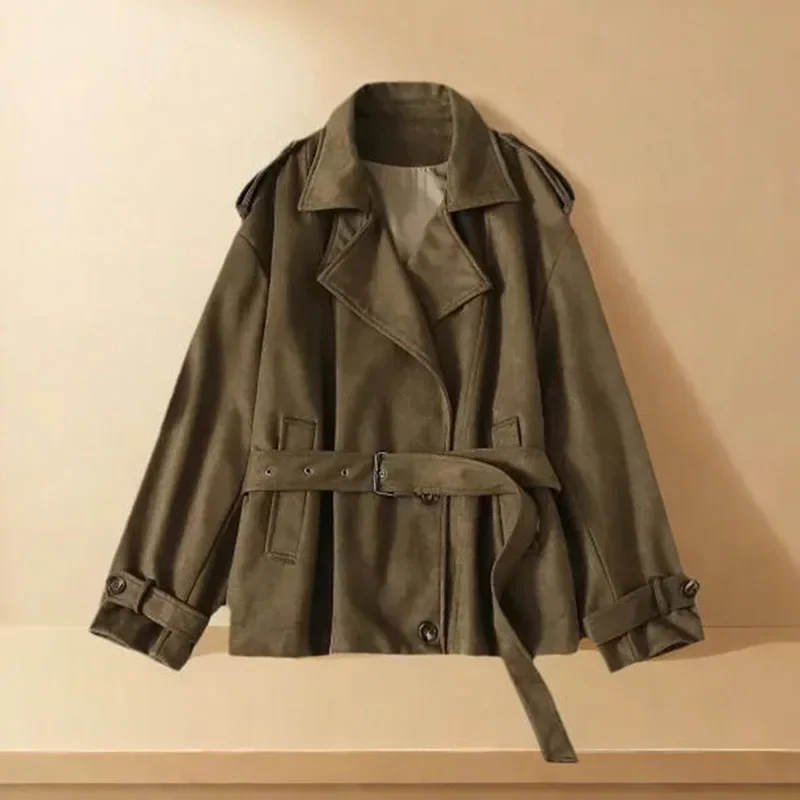 

Y2K женская ветровка из искусственной замши, осень-зима, плотное пальто, свободный плащ с длинными рукавами, женская верхняя одежда с поясом