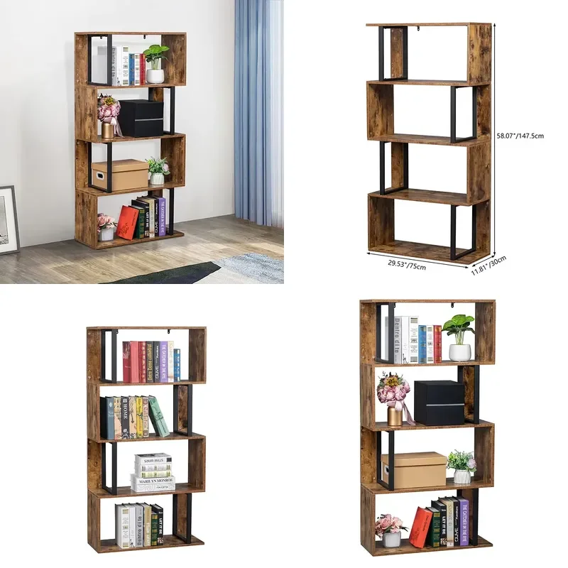 Simple Brown Wood Metal Bookcase Display Shelf Easy to Assemble Storage Rack for Living Room Bedroom Home Furniture
