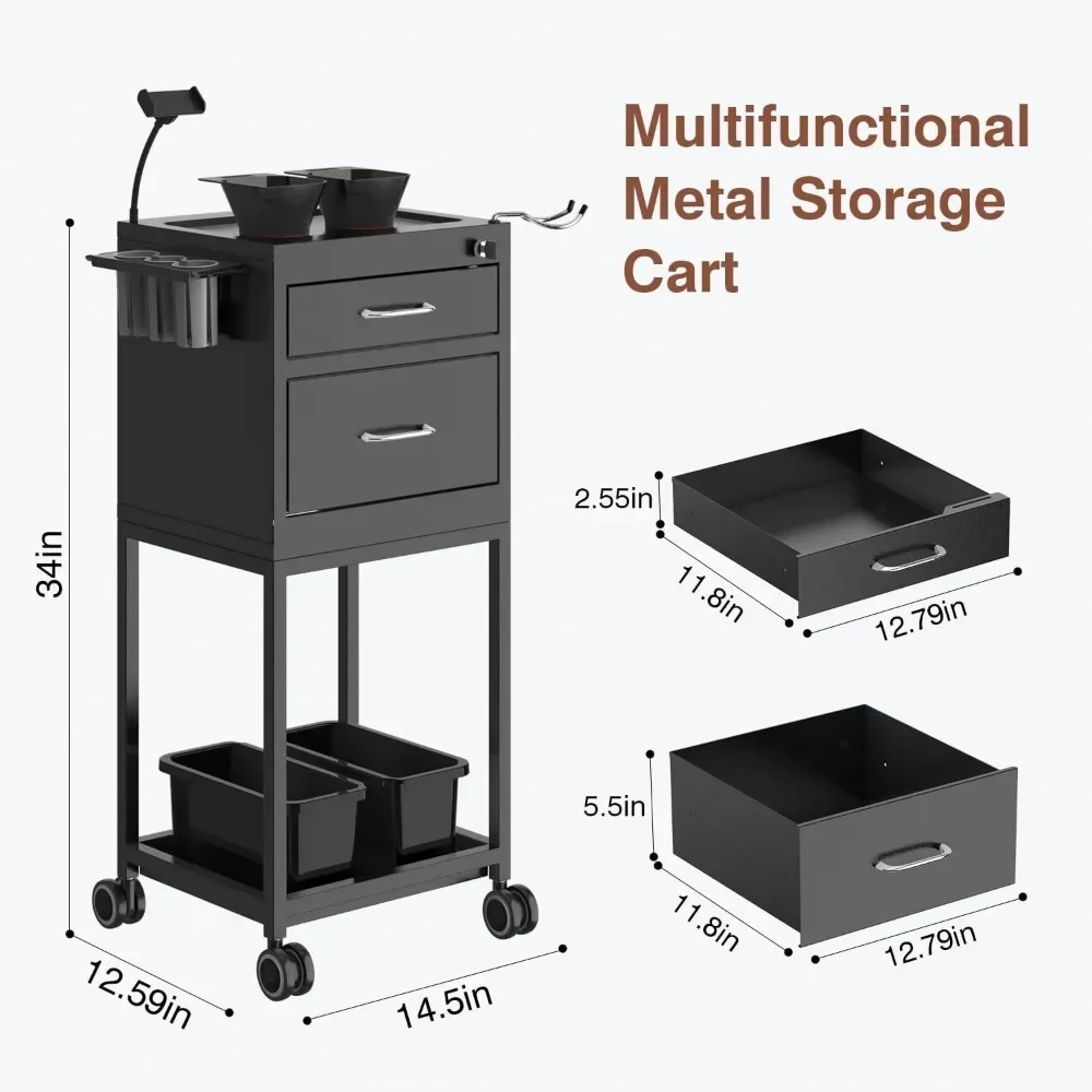 Salon Cart Lockable Metal Storage Cart Salon Trolley with Wheels Sturdy Rolling Cart, High End Trolley with 2 Magnetic Bowls