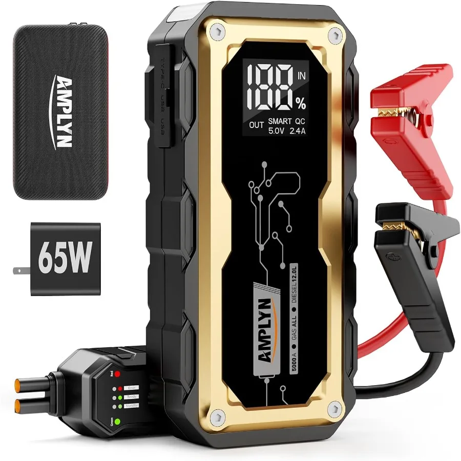 Arranque de carro portátil 24000mAh com carregador rápido de 65W e display LED para carros de 12V Todos os motores a gás 12L Diesel Bat de emergência