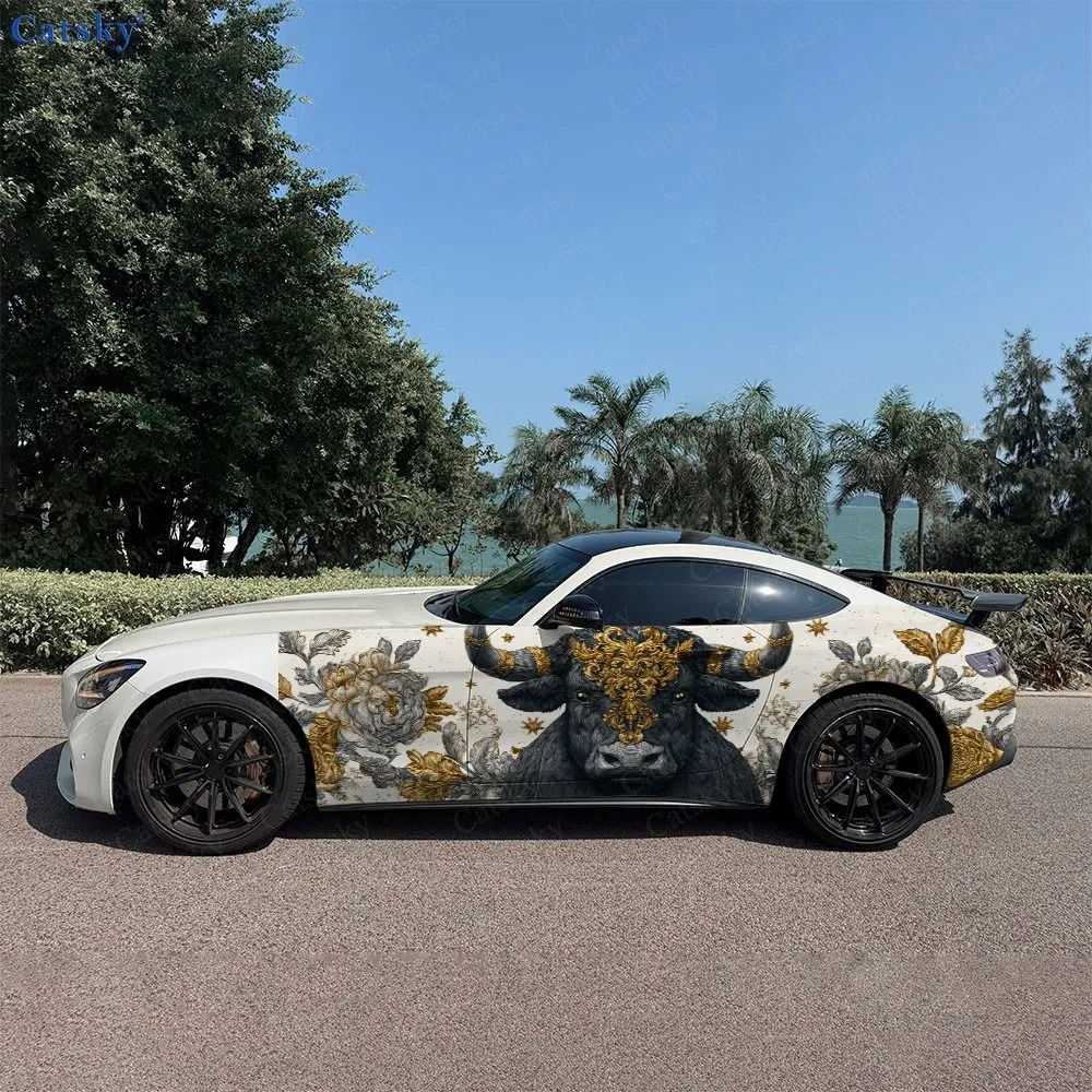 

2pcs Golden Rose Surrounded Black Bull Car Side Wraps, Self-Adhesive PVC Waterproof & Scratch-Resistant Stickers, Car Accessory