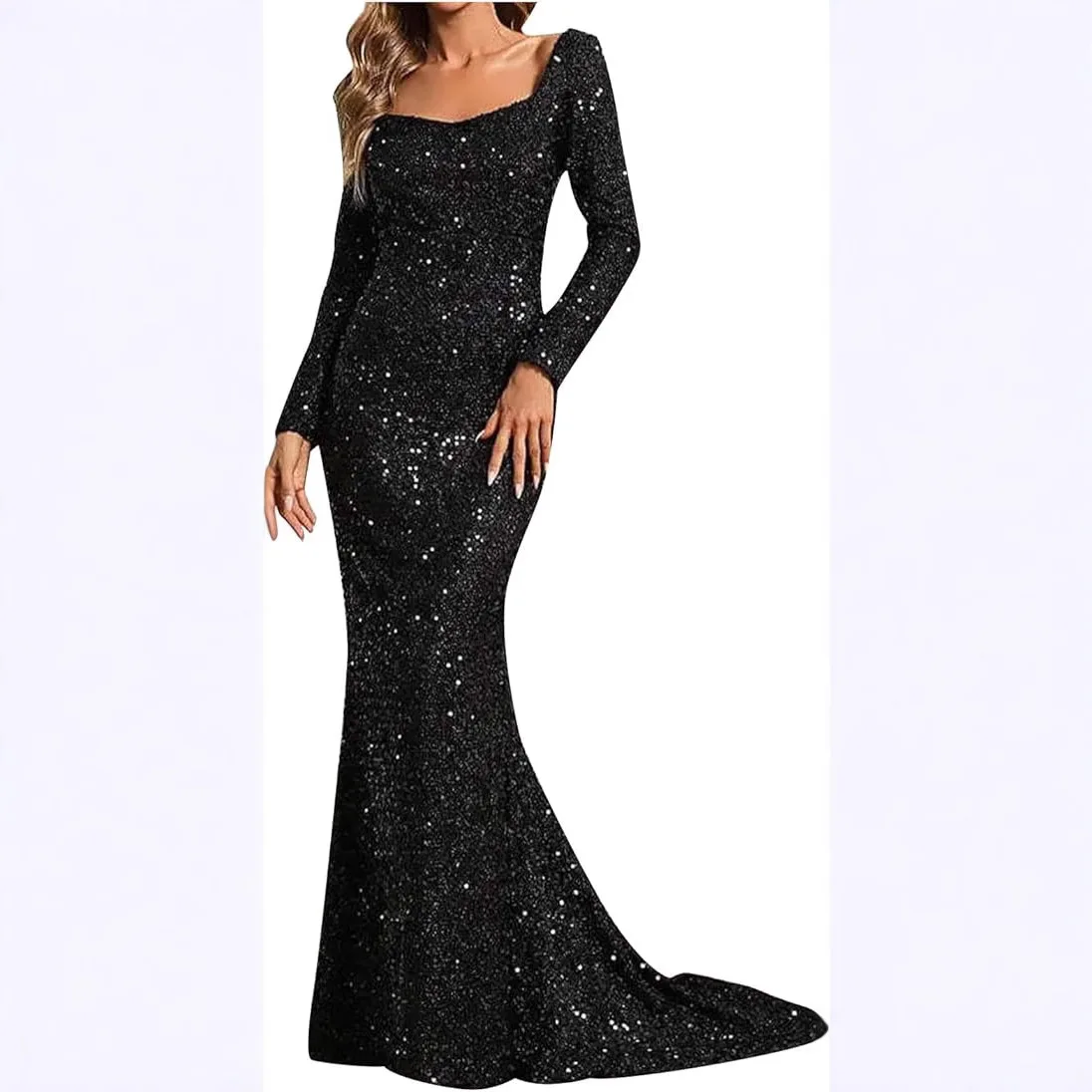 2025 New Fashion V-Neck Bodycon Sequin European and American Style Midi Dress with Flared Sleeves Long Evening Gown