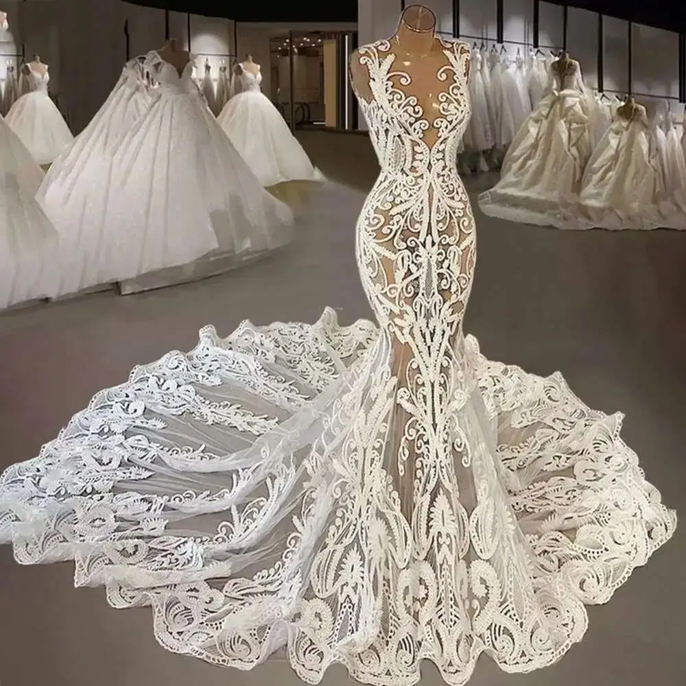 Vestidos De Casamento De Renda Com Trem Da Catedral, Sexy Ilusão Voltar Sereia Vestido, Robe Romântico, Novo