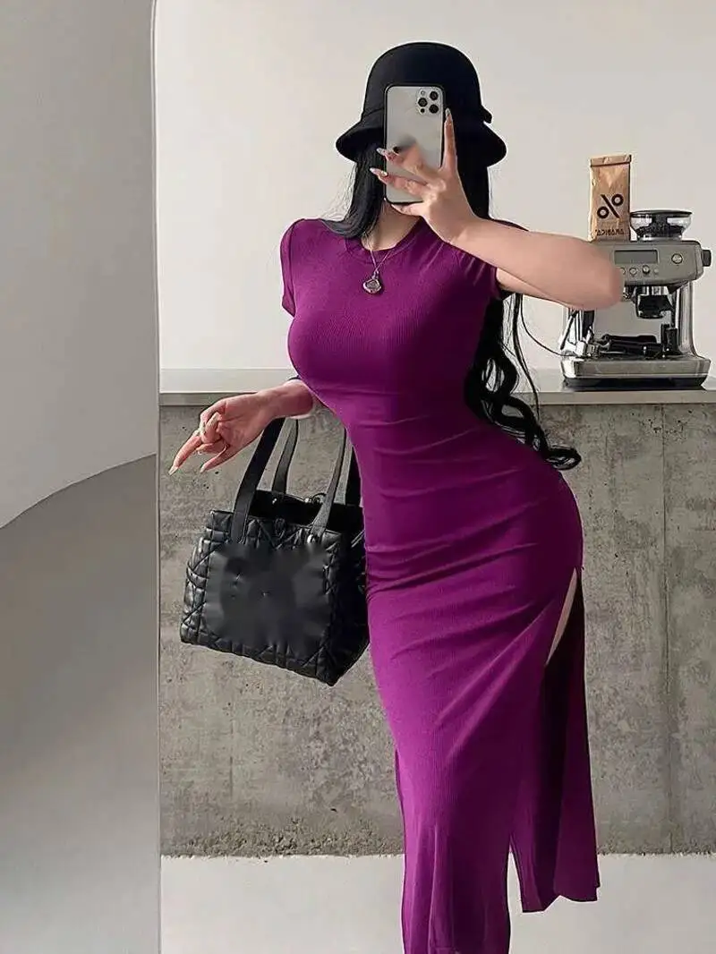 الأساسية ضيق المناسب ضئيلة قصيرة الأكمام الخصر Cinching شق منتصف طول الورك المعانقة فستان تي شيرت الحلو الكورية النساء بلايز G8F8 #1