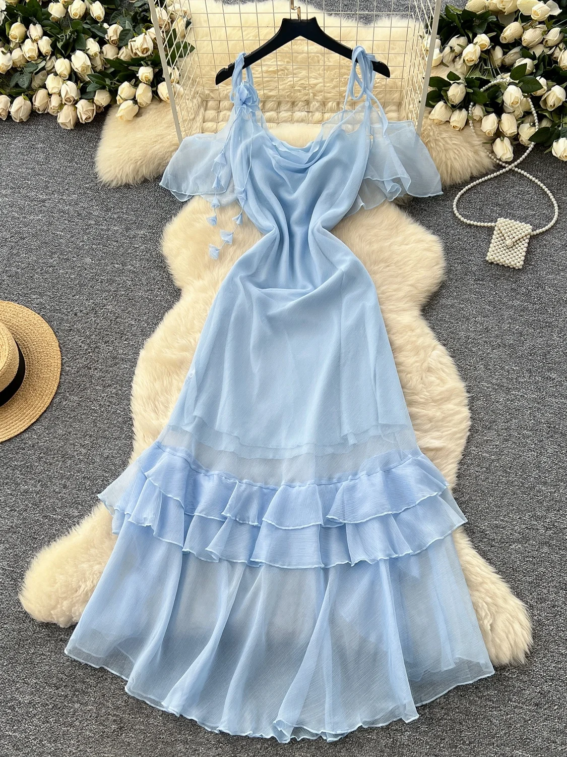 Niebieska Letnia Sensacja Projektancka Damska Sukienka z Odkrytymi Ramionami, Długa Spódnica na Ramiączkach, Wysoki Stan, Krój A-Line, Midi, Styl Koreański