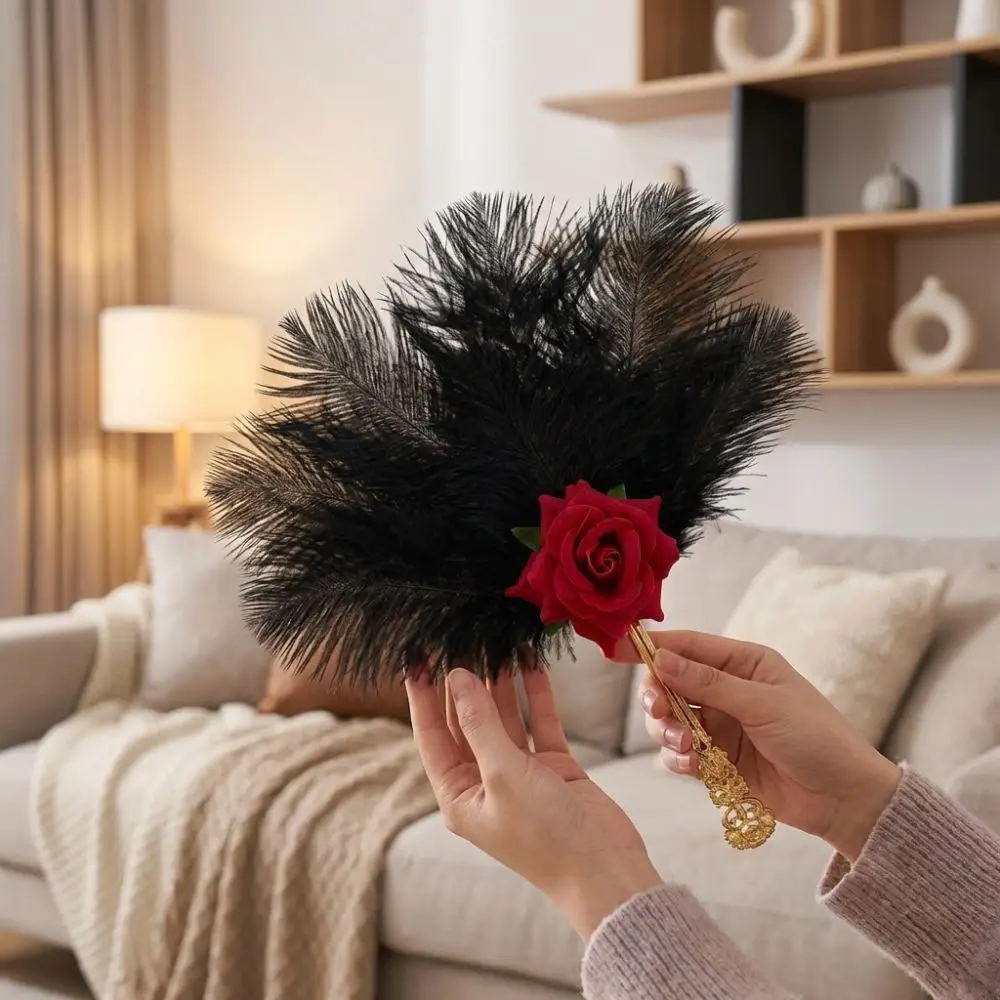 Gold Handle Ostrich Feather Fan Handmade Craft Artificial Rose Feather Rose Fan Soft Fluffy Dance Fan Wedding Events