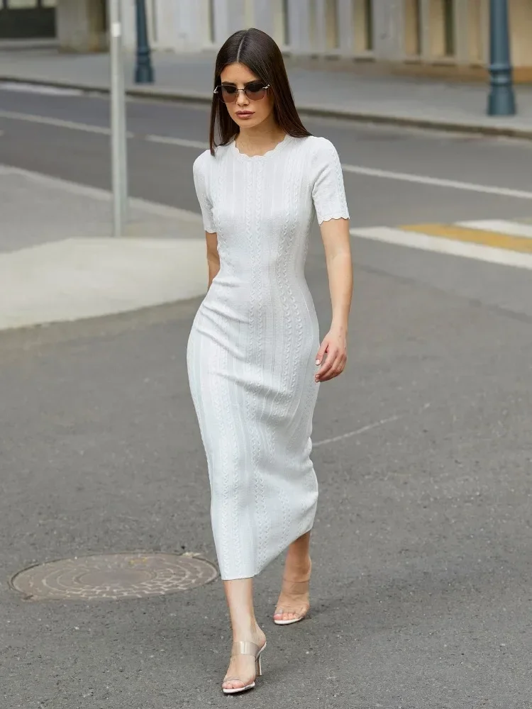 Leosoxs-Vestido longo de malha branco feminino, bodycon com decote em O, manga curta, casual, sexy, elegante, feriados, festa, verão, 2022