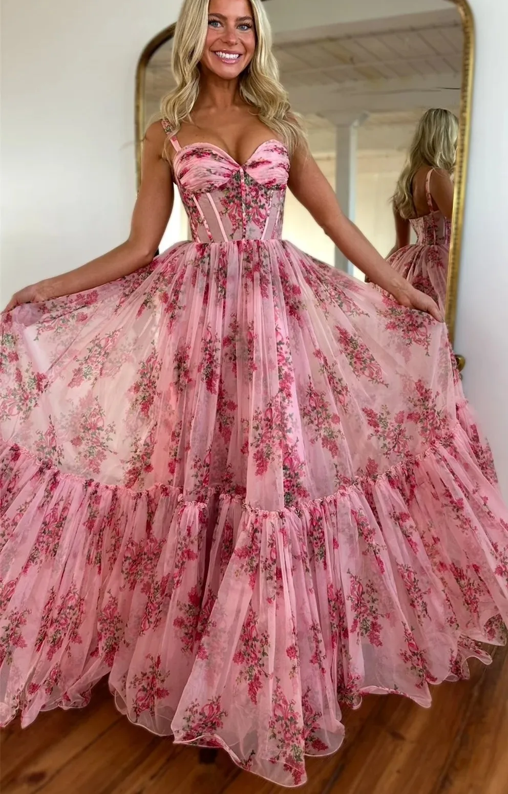 New Pink Prom Birthday Dress 2026 Spaghetti Strap Floral Print Draped A-line Evening Formal Party Gowns Vestidos De Feast