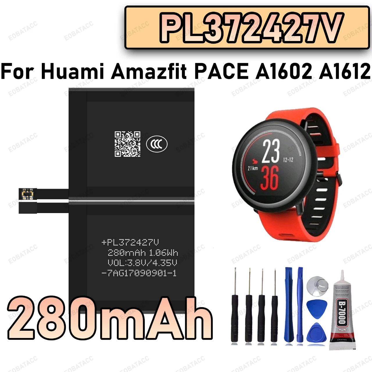 

100% New Zero Cycle PL372427V Battery For Huami Amazfit PACE A1602/A1612 Smart Watch Bateria +Free Tools