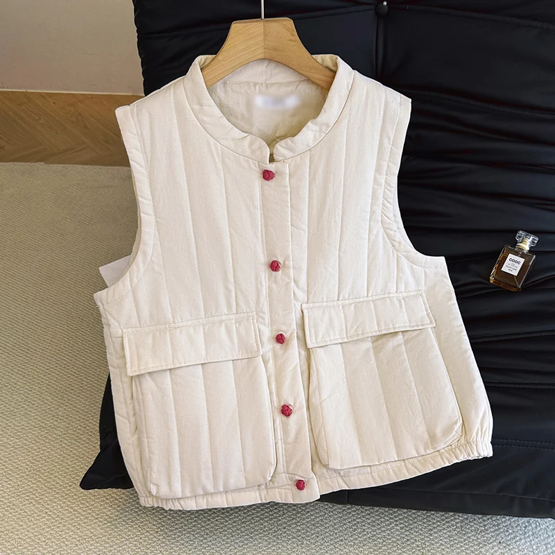 

Женский однотонный зимний теплый жилет Thiened Cotton Jaet, модный универсальный жилет из смеси полиэстера на одной пуговице