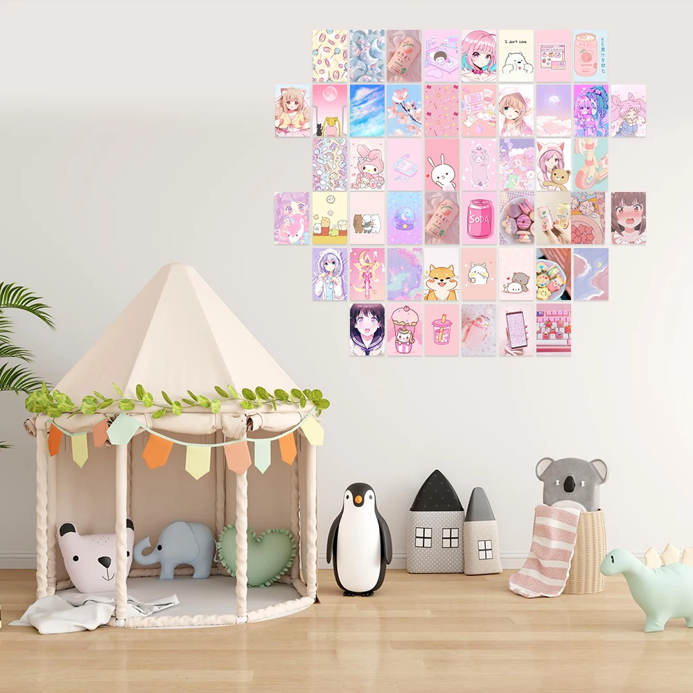 50Pcs Kawaii Anime Collage Card Set Cute Cardboard Wall Collage Poster Home Decor for Bedroom Animation Society Manga Studio