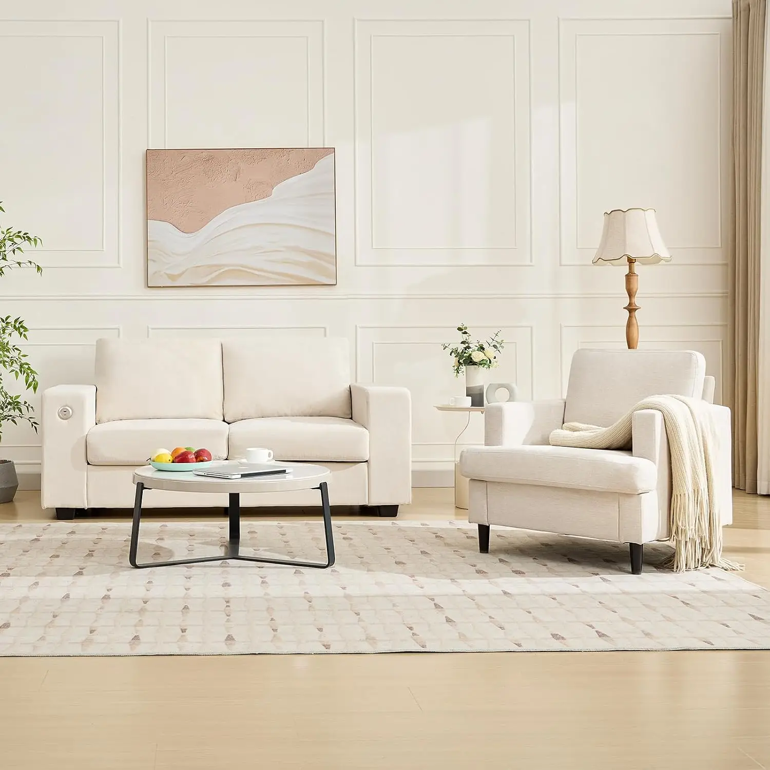 Comfortable Linen Accent Chair For Living Room Bedroom Or Office Solid Wood Legs Padded With Cushion Modern Reading Chair Single Sofa Beige