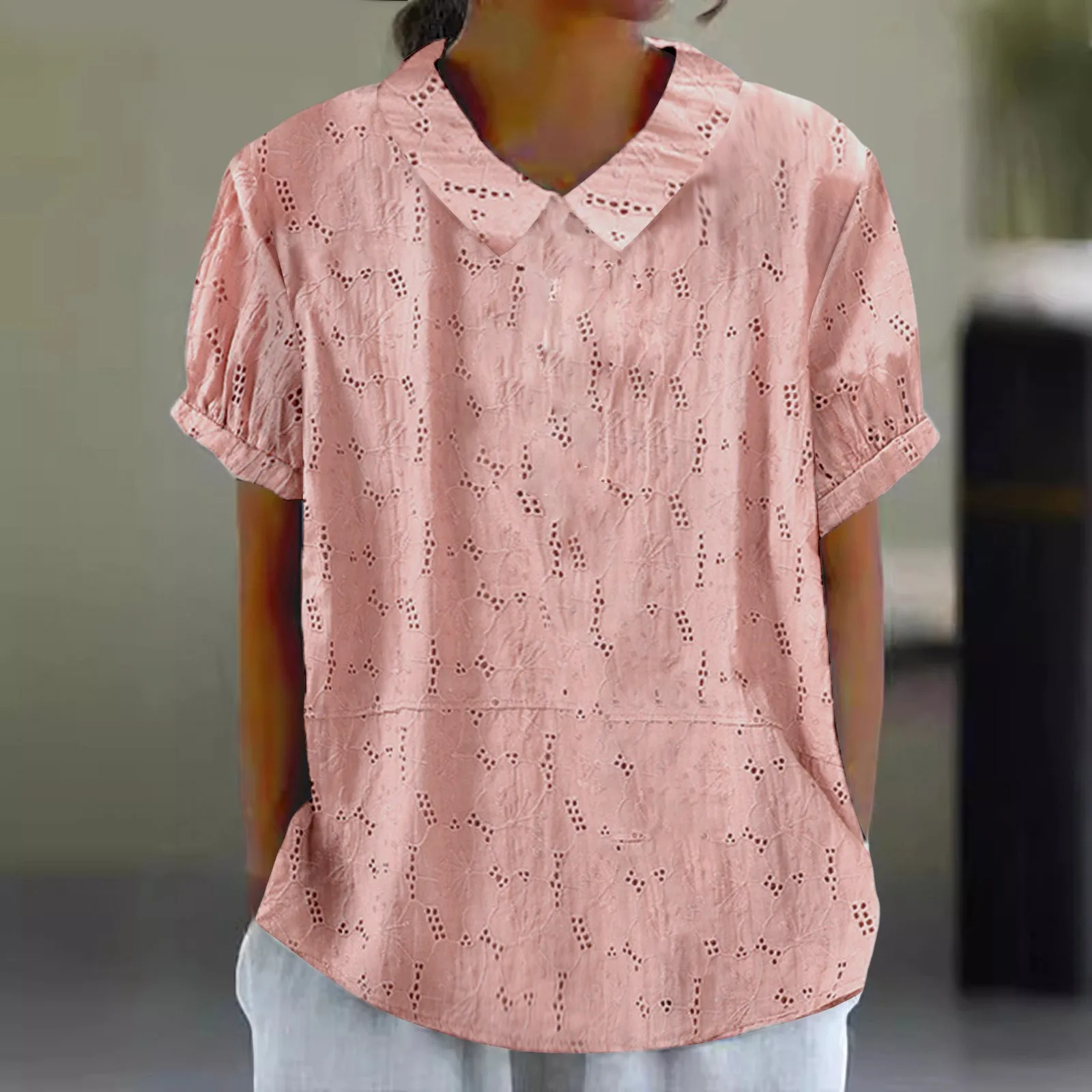 Camisa de lapela de manga curta feminina, blusa monocromática, pulôver de renda, blusa solta, streetwear elegante, blusa