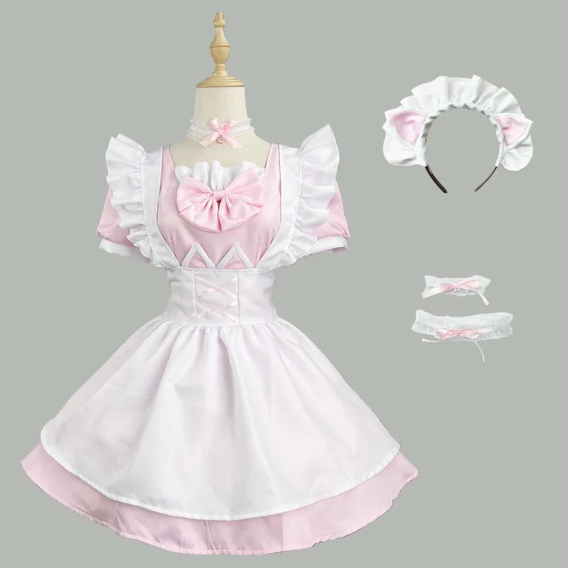Cute Pink White Lolita Maid Outfit with Cat Ear Headband Short Sleeve Ruffle Apron Dress Anime Cosplay Costume view 4