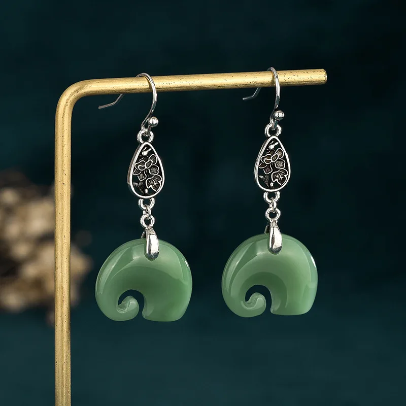

Chinese Style Silver Needle High-end Niche Imitation Jade Elephant Earrings Retro Plating Silver Color Earrings Female Earrings