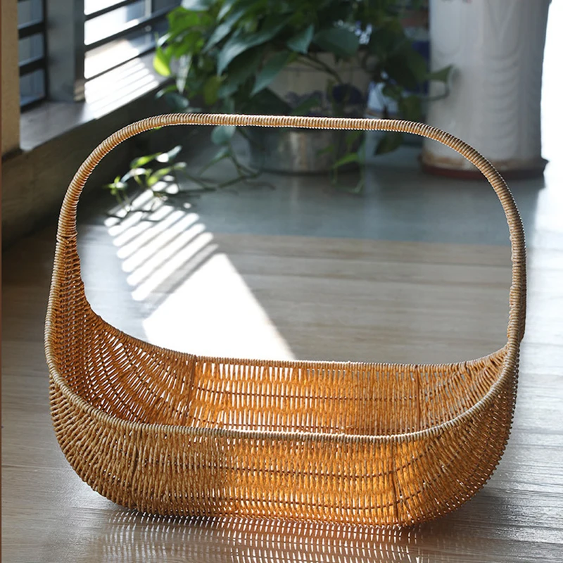 Woven Storage Basket Tray With Handle Imitation Rattan Basket Bread Fruit Cake Food Plate Serving Tray for Home kitchen