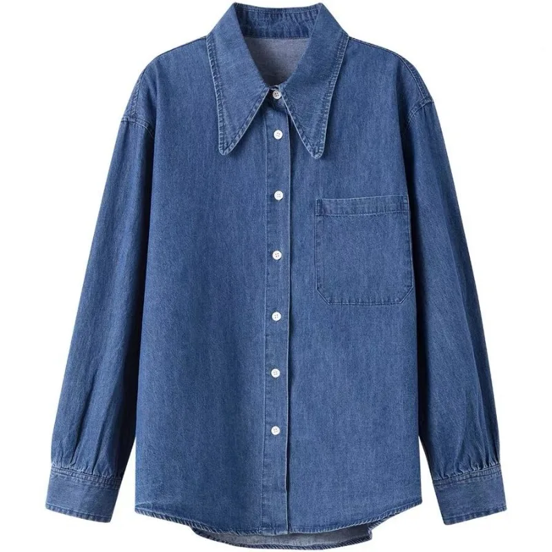 

New Elegant Chic Casual Lady Blouse Top High-Quality Denim Shirt Women's Autumn Fashion Long-sleeved Loose Single-breasted